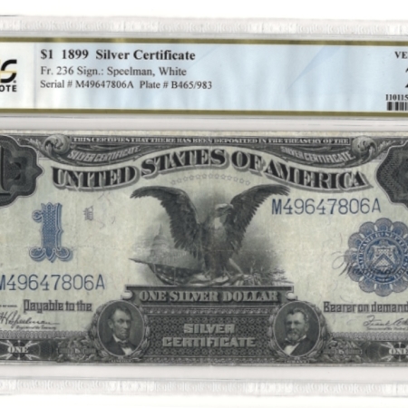 Large Silver Certificates 1899 $1 SILVER CERTIFICATE, “BLACK EAGLE”, FR-236, SPEELMAN-WHITE, PCGS VF-20!