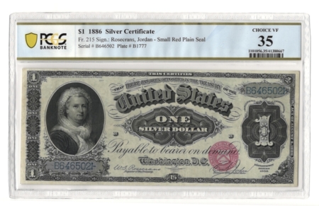 Large Silver Certificates 1886 $1 SILVER CERTIFICATE, MARTHA WASHINGTON, FR-215, PCGS CHOICE VF-35; FRESH!