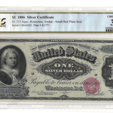 Large Silver Certificates 1886 $1 SILVER CERTIFICATE, MARTHA WASHINGTON, FR-215, PCGS CHOICE VF-35; FRESH!