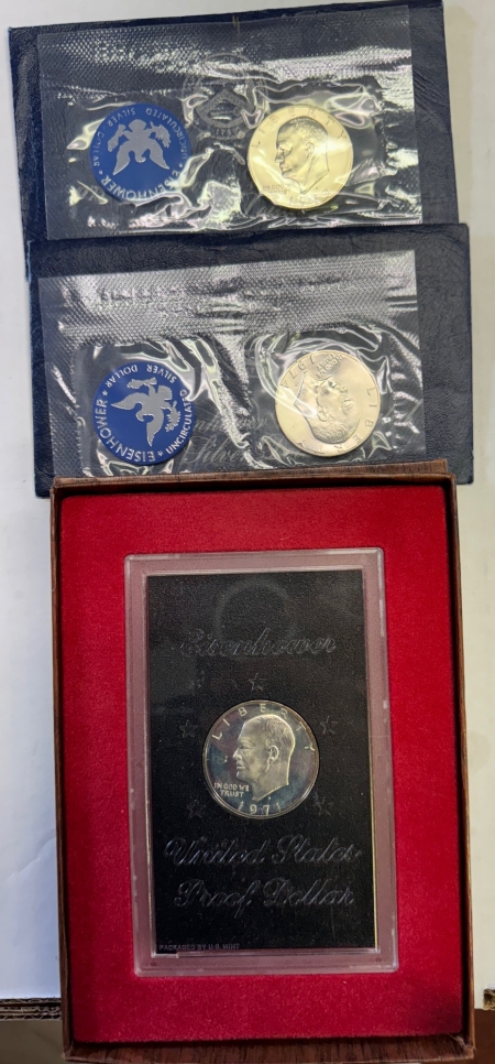 New Store Items 1971-S PR 1973-S BU 1974-S BU 40% SILVER EISENHOWER DOLLARS, LOT/3 – GEM W/ OGP!