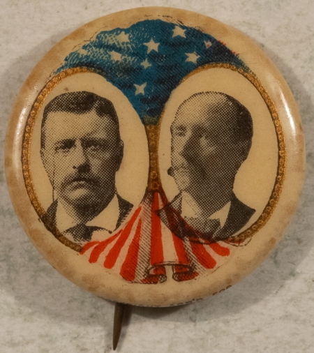 New Store Items 1904 TR TEDDY ROOSEVELT & FAIRBANKS 7/8″ SHIELD – VERY GOOD!