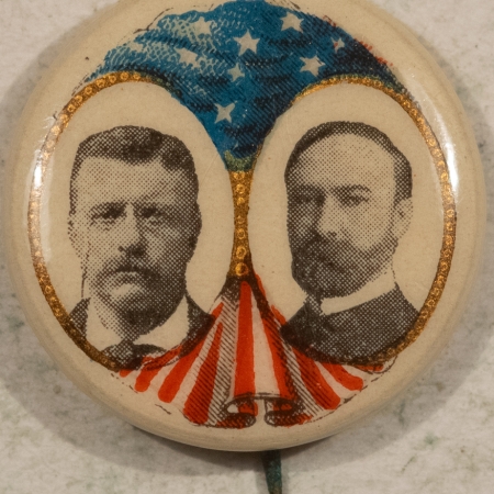 Other Collectibles 1904 TR TEDDY ROOSEVELT & FAIRBANKS 7/8″ SHIELD CELLO (SMALL HEADS) – MINT!