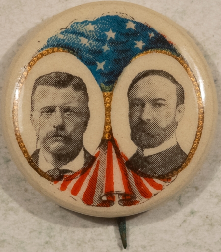 Other Collectibles 1904 TR TEDDY ROOSEVELT & FAIRBANKS 7/8″ SHIELD CELLO (SMALL HEADS) – MINT!