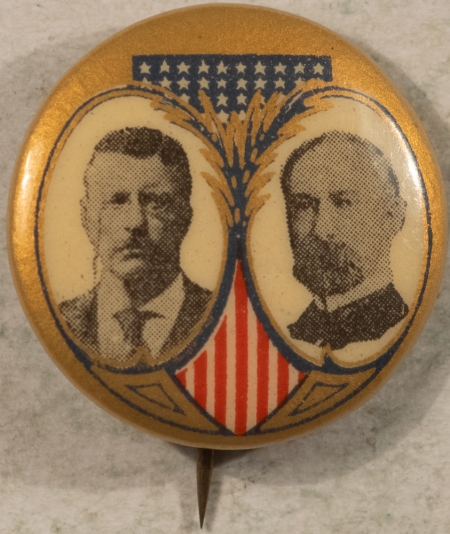 New Store Items 1904 TR TEDDY ROOSEVELT & FAIRBANKS 7/8″ GOLD SHIELD PICTORIAL JUGATE – MINT!