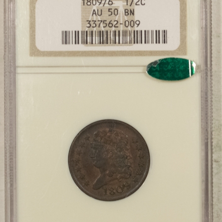 U.S. Certified Coins 1809/6 (INVERTED 9) CLASSIC HEAD HALF CENT NGC AU-50 BN CAC, FRESH PQ++!