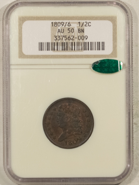 CAC Approved Coins 1809/6 (INVERTED 9) CLASSIC HEAD HALF CENT NGC AU-50 BN CAC, FRESH PQ++!