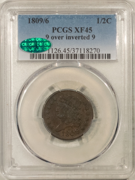 CAC Approved Coins 1809 9/INVERTED 9 CLASSIC HEAD HALF CENT PCGS XF-45 CAC FRESH, PQ SUPER ORIGINAL