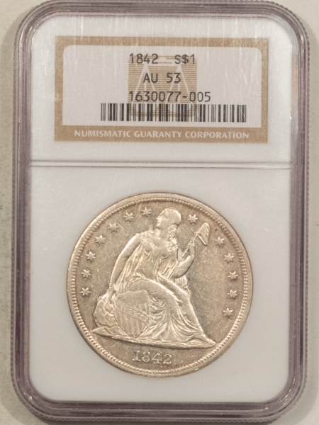 Liberty Seated Dollars 1842 $1 SEATED LIBERTY DOLLAR – NGC AU-53, FLASHY