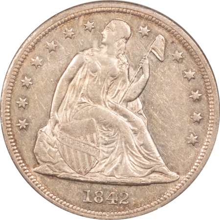 Liberty Seated Dollars 1842 $1 SEATED LIBERTY DOLLAR – NGC AU-53, FLASHY