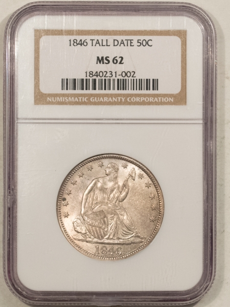 Liberty Seated Halves 1846 TALL DATE SEATED LIBERTY HALF DOLLAR – NGC MS-62, SCARCE VARIETY!