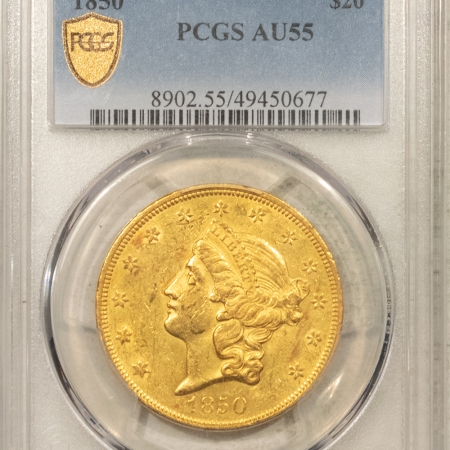 $20 1850 $20 LIBERTY GOLD DOUBLE EAGLE – PCGS AU-55, TOUGH FIRST-YEAR ISSUE, FRESH!