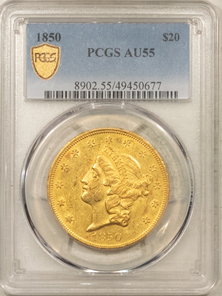 $20 1850 $20 LIBERTY GOLD DOUBLE EAGLE – PCGS AU-55, TOUGH FIRST-YEAR ISSUE, FRESH!