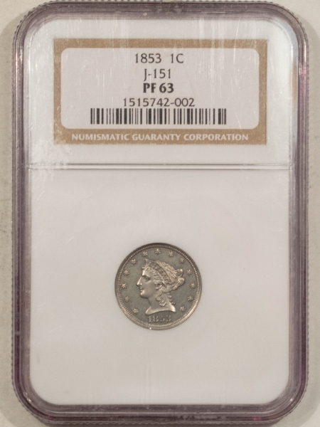 New Store Items 1853 PATTERN 1c, J-151, COPPER-NICKEL, $2.50 LIBERTY OBVERSE, R-6, NGC PF-63