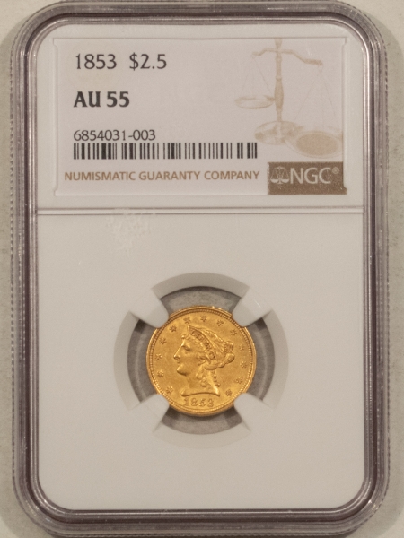 $2.50 1853 $2.50 LIBERTY GOLD QUARTER EAGLE – NGC AU-55, NICE EARLY DATE!