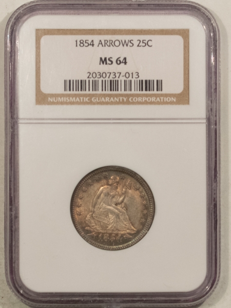 Liberty Seated Quarters 1854 SEATED LIBERTY QUARTER, ARROWS – NGC MS-64, FRESH ORIGINAL, TOUGH DATE!