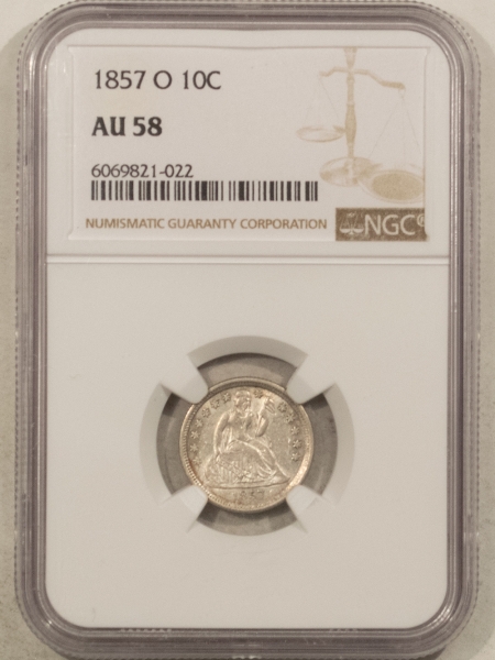 Liberty Seated Dimes 1857-O SEATED LIBERTY DIME – NGC AU-58, FRESH WHITE & FLASHY