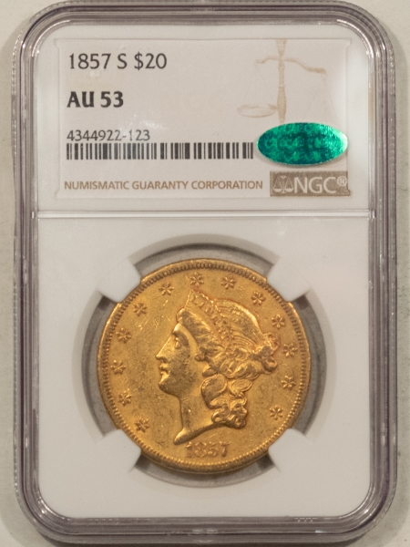 $20 1857-S TYPE 1 $20 LIBERTY GOLD DOUBLE EAGLE NGC AU-53 CAC POPULAR DATE, FRESH PQ