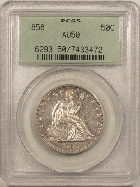 Liberty Seated Halves 1858 SEATED LIBERTY HALF DOLLAR – PCGS AU-50, OLD GREEN HOLDER, PREMIUM QUALITY!