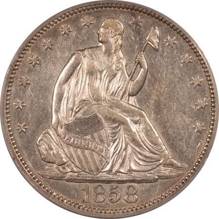 Liberty Seated Halves 1858 SEATED LIBERTY HALF DOLLAR – PCGS AU-50, OLD GREEN HOLDER, PREMIUM QUALITY!