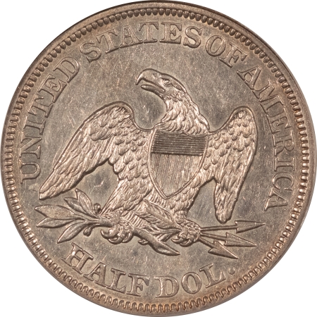 Liberty Seated Halves 1858 SEATED LIBERTY HALF DOLLAR – PCGS AU-50, OLD GREEN HOLDER, PREMIUM QUALITY!