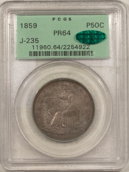 Half Dollars 1859 PATTERN 50c, J-235, SILVER, PAQUET SEATED LIBERTY, PCGS PR-64, OGH, CAC-PQ!