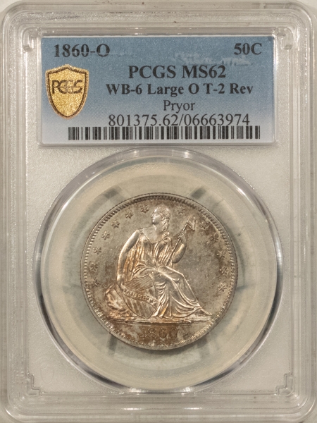 Liberty Seated Halves 1860-O SEATED LIBERTY HALF DOLLAR, WB-6 LARGE O, T-2 REVERSE – PCGS MS-62