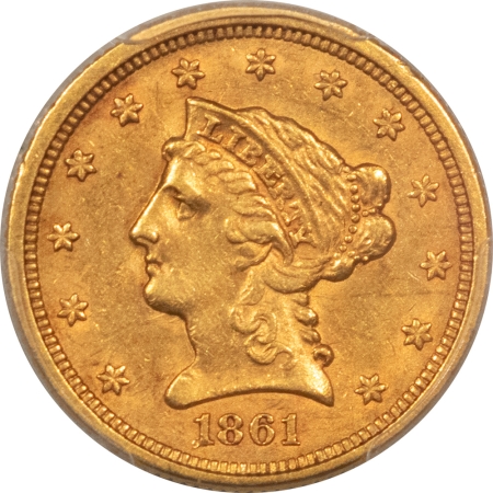 $2.50 1861 $2.50 LIBERTY GOLD QUARTER EAGLE, OLD REVERSE – PCGS AU-58, TOUGH VARIETY!