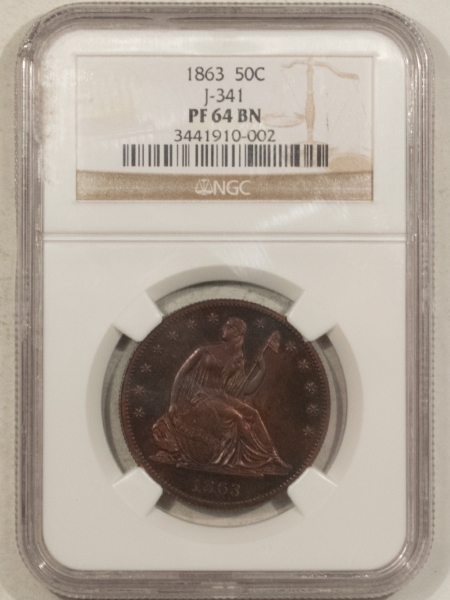 New Store Items 1863 PATTERN 50c, J-341, COPPER, SEATED LIBERTY HALF DOLLAR, NGC PR-64 BN-PRETTY