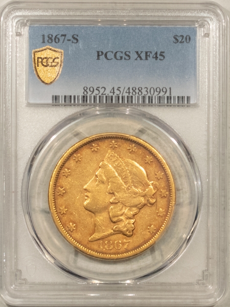 $20 1867-S $20 LIBERTY GOLD, PCGS XF-45, NICE ORIGINAL & TOUGHER TYPE 2 LIBERTY