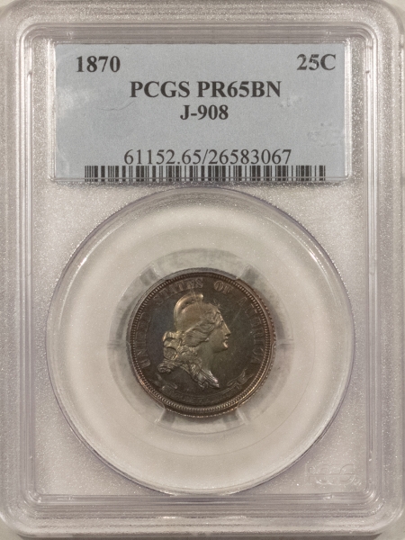 Liberty Seated Quarters 1870 PATTERN 25c J-908, COPPER, BEAUTIFUL TONING, PCGS PR-65 BN-A SUPERB GEM!