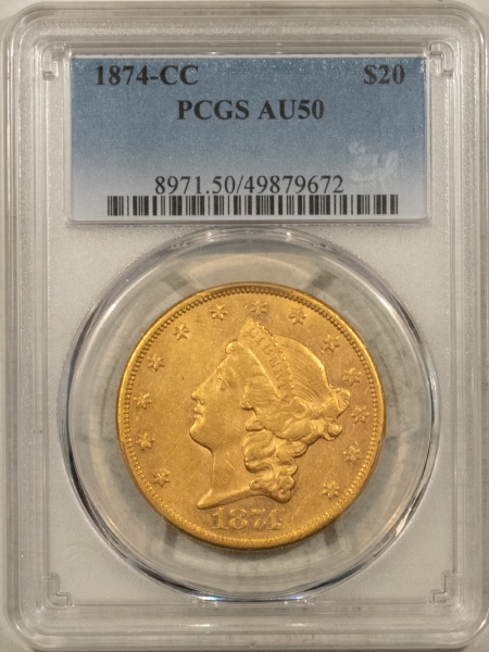 $20 1874-CC $20 LIBERTY GOLD, PCGS AU-50, GREAT STRIKE & SURFACES W/ MUCH LUSTER-PQ!