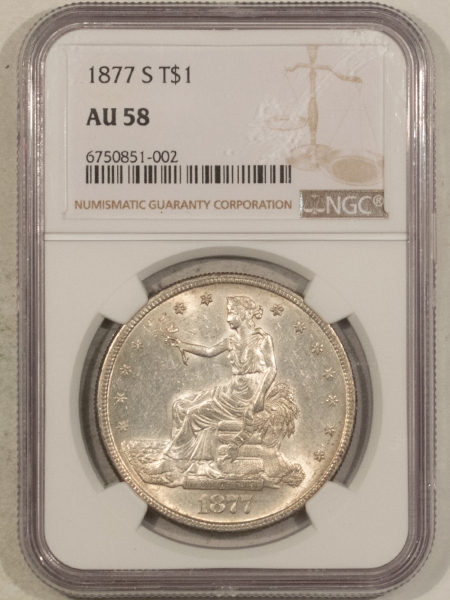 New Certified Coins 1877-S $1 TRADE DOLLAR – NGC AU-58, CARTWHEEL LUSTER & NEARLY UNCIRCULATED!