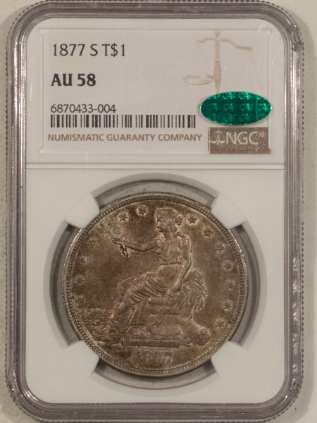 CAC Approved Coins 1877-S $1 TRADE DOLLAR – NGC AU-58, CAC APPROVED! SUPER ORIGINAL & NICE!