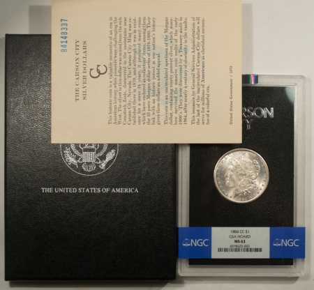 Morgan Dollars 1884-CC MORGAN DOLLAR GSA – NGC BANDED MS-63 WITH BOX AND CARD! CARSON CITY!