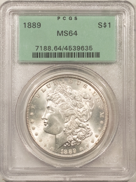 Morgan Dollars 1889 $1 MORGAN DOLLAR – PCGS MS-64, WHITE! OLD GREEN HOLDER! PREMIUM QUALITY!