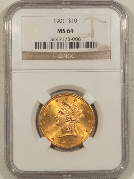 $10 1901 $10 LIBERTY GOLD EAGLE – NGC MS-64, LUSTROUS!