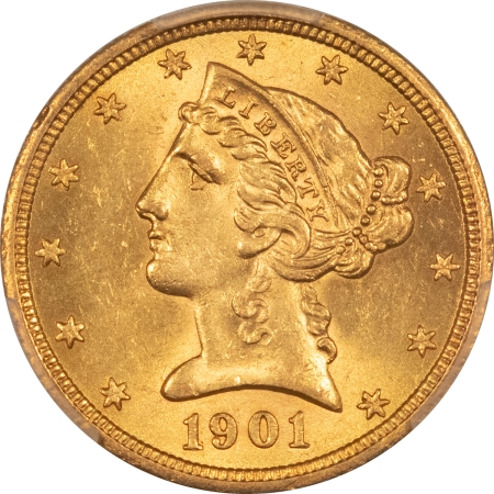 $5 1901-S $5 LIBERTY GOLD HALF EAGLE – PCGS MS-63, NICE CHOICE!