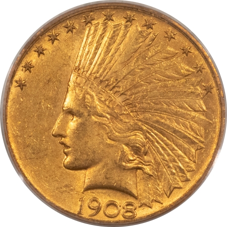 $10 1908 $10 INDIAN GOLD EAGLE, MOTTO – PCGS MS-62, NICE ORIGINAL!