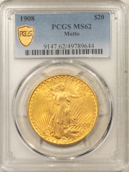 $20 1908 $20 ST GAUDENS GOLD DOUBLE EAGLE, MOTTO – PCGS MS-62