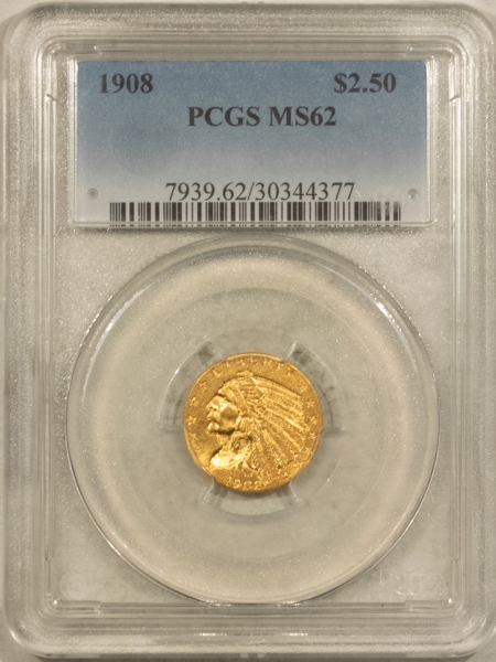 $2.50 1908 $2.50 INDIAN GOLD QUARTER EAGLE – PCGS MS-62, FLASHY! FIRST YEAR!