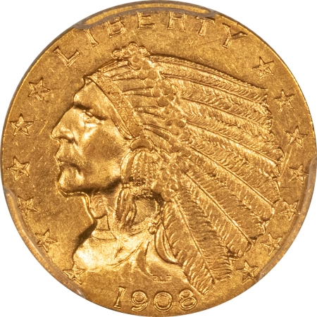 $2.50 1908 $2.50 INDIAN GOLD QUARTER EAGLE – PCGS MS-62, FLASHY! FIRST YEAR!