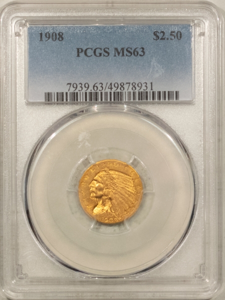 $2.50 1908 $2.50 INDIAN GOLD QUARTER EAGLE – PCGS MS-63, CHOICE FIRST-YEAR ISSUE!