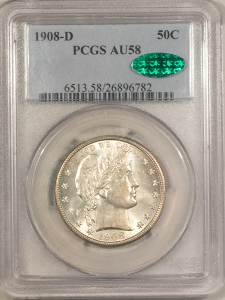 Barber Halves 1908-D BARBER HALF DOLLAR – PCGS AU-58, SUPER NICE & CAC APPROVED!