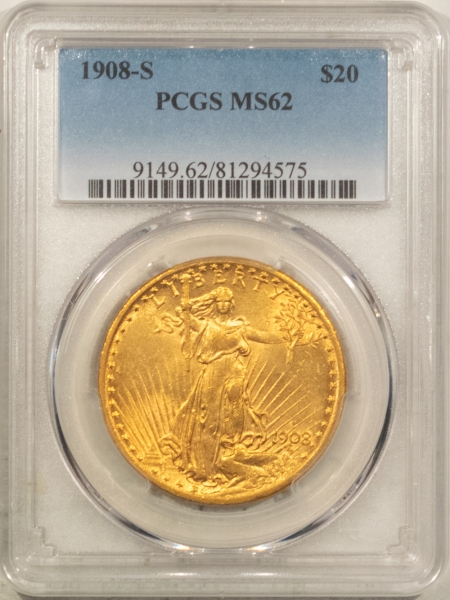 $20 1908-S $20 ST GAUDEN GOLD DOUBLE EAGLE – PCGS MS-62, SCARCE DATE, FLASHY & PQ!