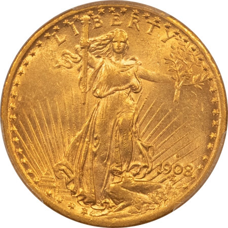 $20 1908-S $20 ST GAUDEN GOLD DOUBLE EAGLE – PCGS MS-62, SCARCE DATE, FLASHY & PQ!