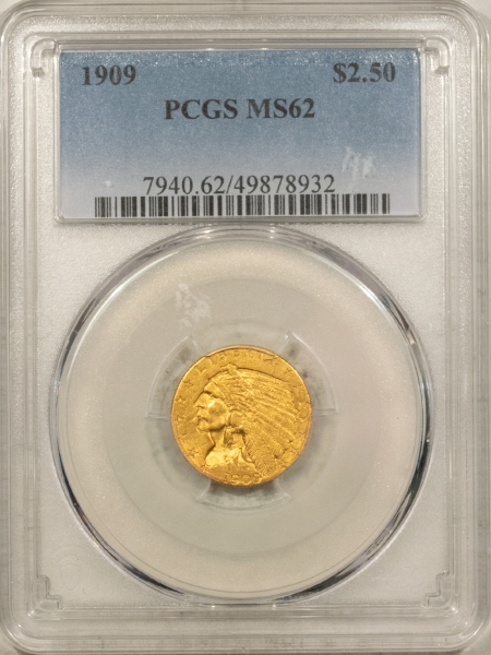 $2.50 1909 $2.50 INDIAN GOLD QUARTER EAGLE – PCGS MS-62, TOUGH LOW MINTAGE DATE!