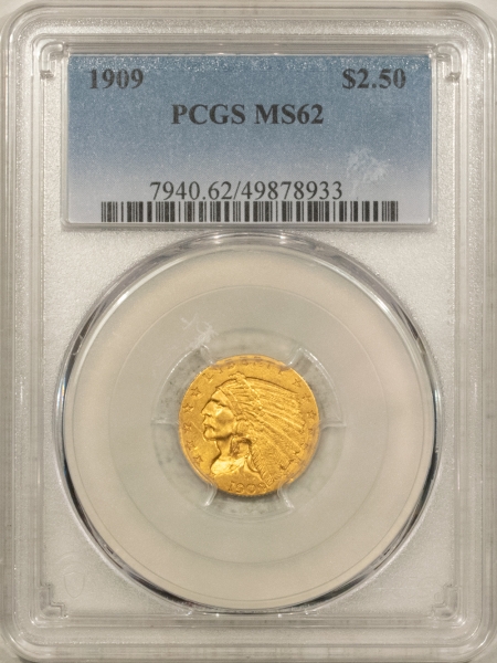 $2.50 1909 $2.50 INDIAN GOLD QUARTER EAGLE – PCGS MS-62, TOUGH LOW MINTAGE DATE!