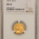 $2.50 1925-D $2.50 INDIAN GOLD QUARTER EAGLE – NGC MS-63, ORIGINAL CHOICE!