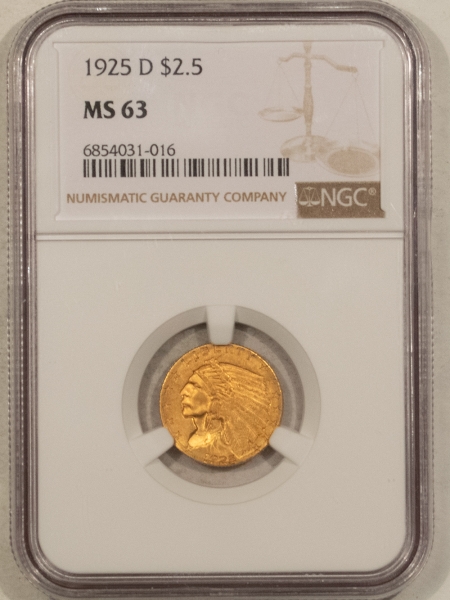 $2.50 1925-D $2.50 INDIAN GOLD QUARTER EAGLE – NGC MS-63, ORIGINAL CHOICE!