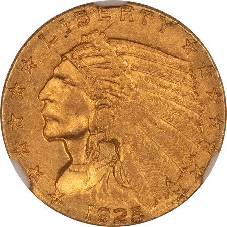 $2.50 1925-D $2.50 INDIAN GOLD QUARTER EAGLE – NGC MS-63, ORIGINAL CHOICE!